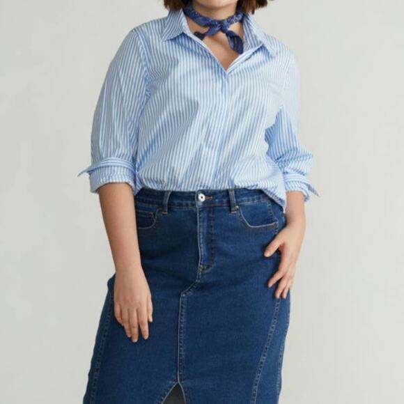 NWT Universal Standard Blue White Striped Elbe Stretch Classic Fit Poplin Shirt - Picture 1 of 8